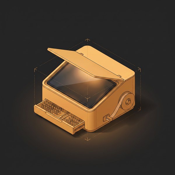 Golden amber bench machine with a raised lid, glowing screen and an open drawer of tool bits