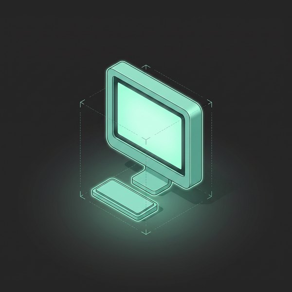 Mint-teal toy-sized monitor and keyboard glowing on a dark surface