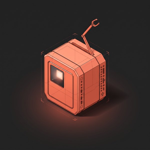 Coral-orange toy-sized tower machine with a glowing panel and a folded gripper arm