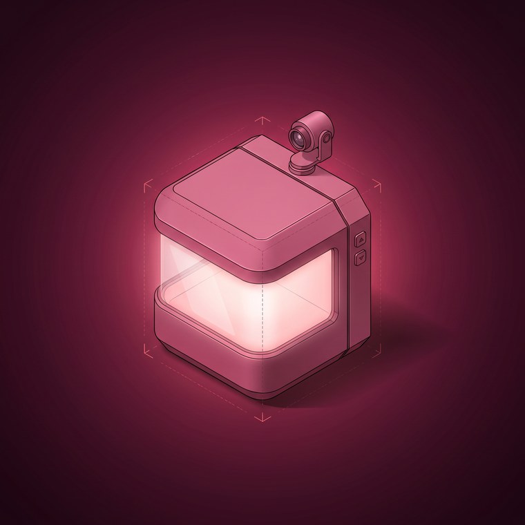 OpenClaw Browser machine tile: a rose machine with a wide glowing viewport and a small camera eye