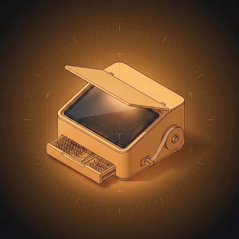 Claude Code machine tile: an amber bench machine with a lifted lid and open tool drawer