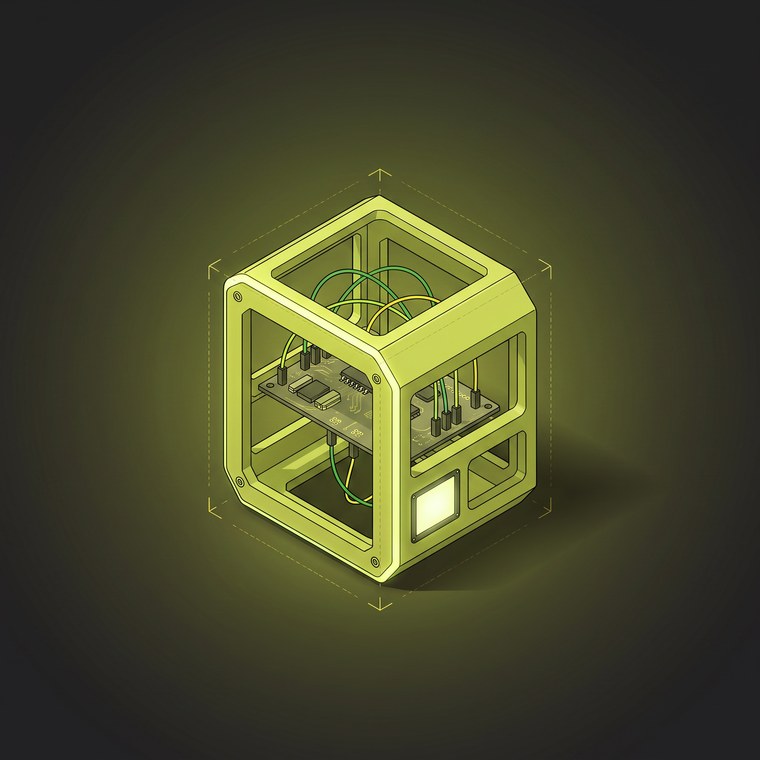 Flue Agent machine tile: a lime skeletal frame holding a bare circuit board and loose wires
