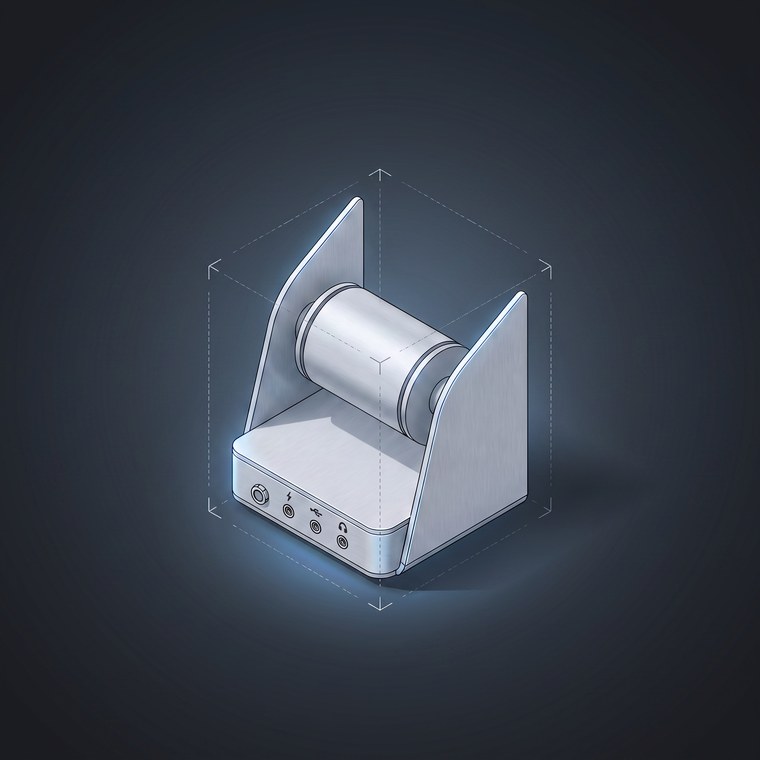 Hermes machine tile: a silver machine with a memory drum between two fins