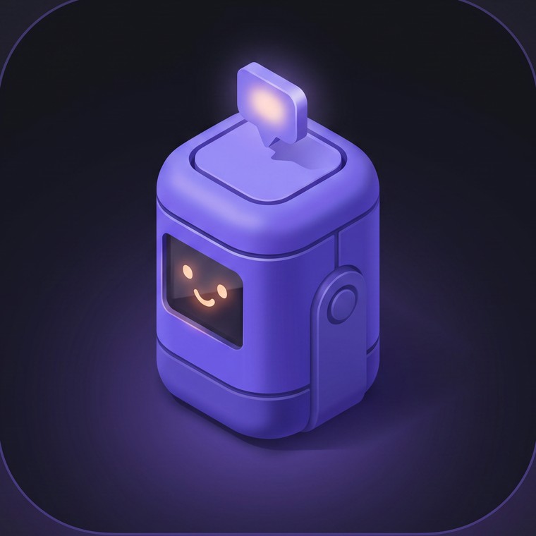 Superjoy machine tile: a violet rounded tower with a smiling screen and a speech-bubble antenna