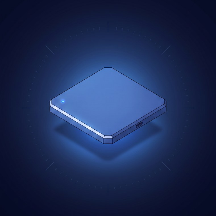 ZeroClaw machine tile: a thin cobalt slab hovering above its shadow