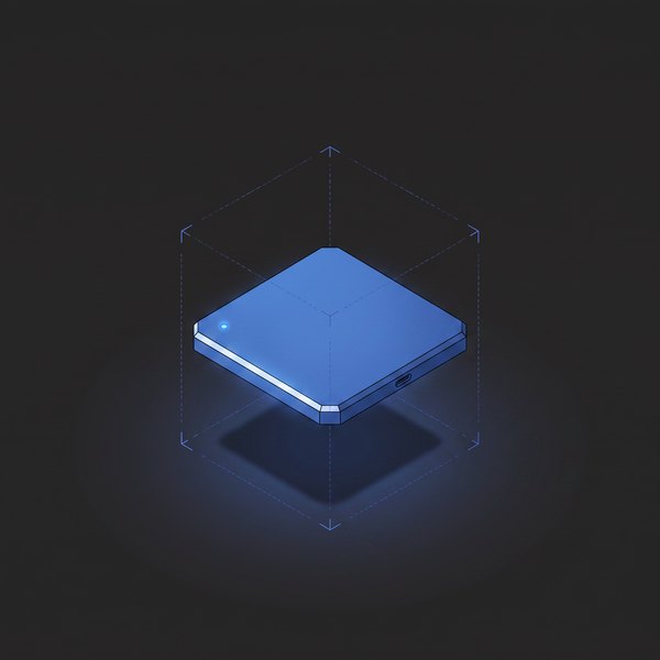 Thin cobalt-blue slab machine hovering above a dark surface